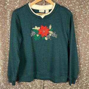 Kim Rogers Poinsettia Christmas Holiday Winter Mock Under Shirt Crewneck Sweater